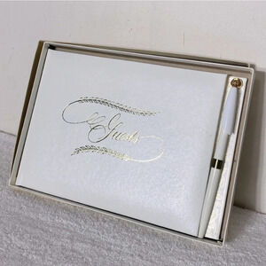 Vintage  White Guest Book W Gold Details And Matching Pen